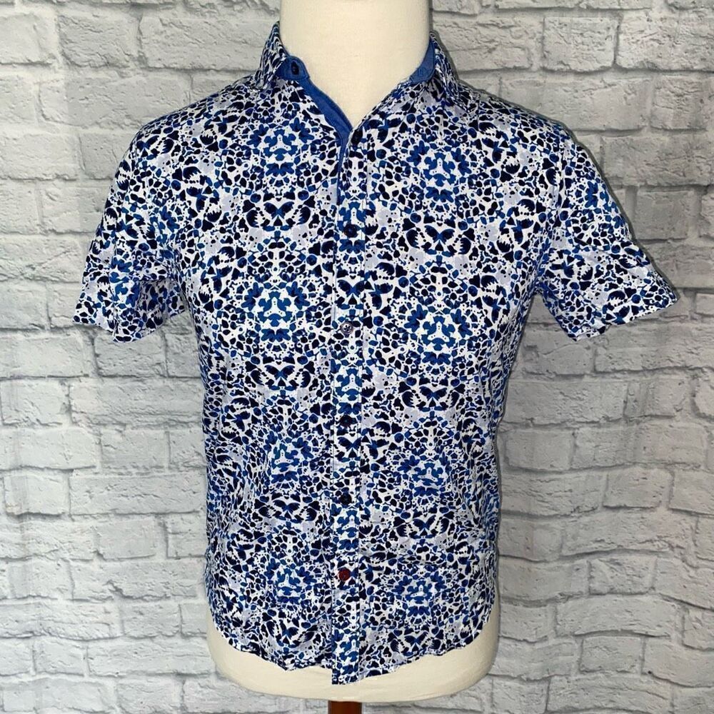 Sons of intrigue Men S button down casual print shirt white & blue